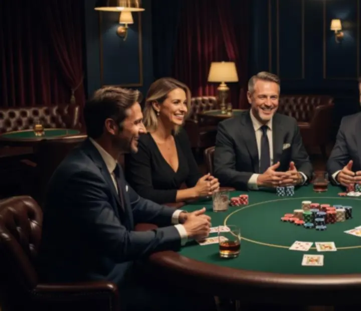 Goście podczas eleganckiego wieczoru pokerowego dzielący się pozytywnymi opiniami
